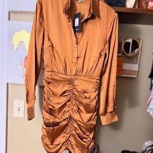 Fashion Nova Satin Ruched Dress in Copper